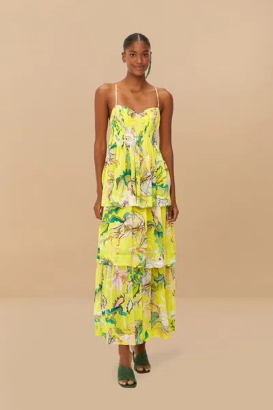 NWT Farm Rio Jellyfish Bouquet Yellow Sleeveless Tiered Maxi Dress Event Large
